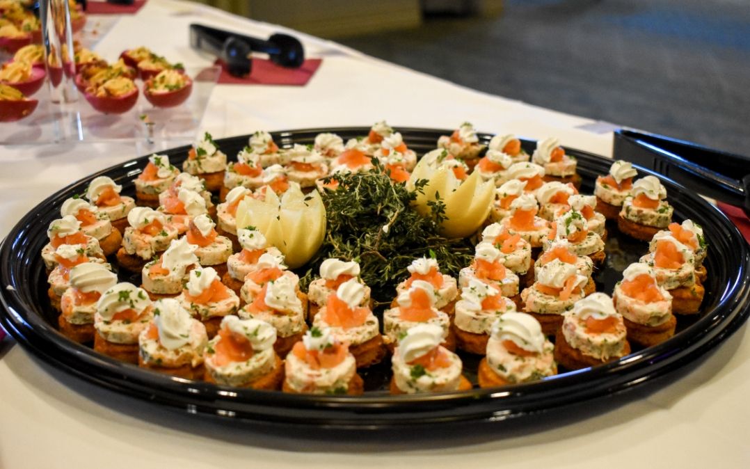 Catered canapés at Café 100 at Willow Brook Run in Delaware, Ohio, where senior residents and guests enjoy themed dining events.